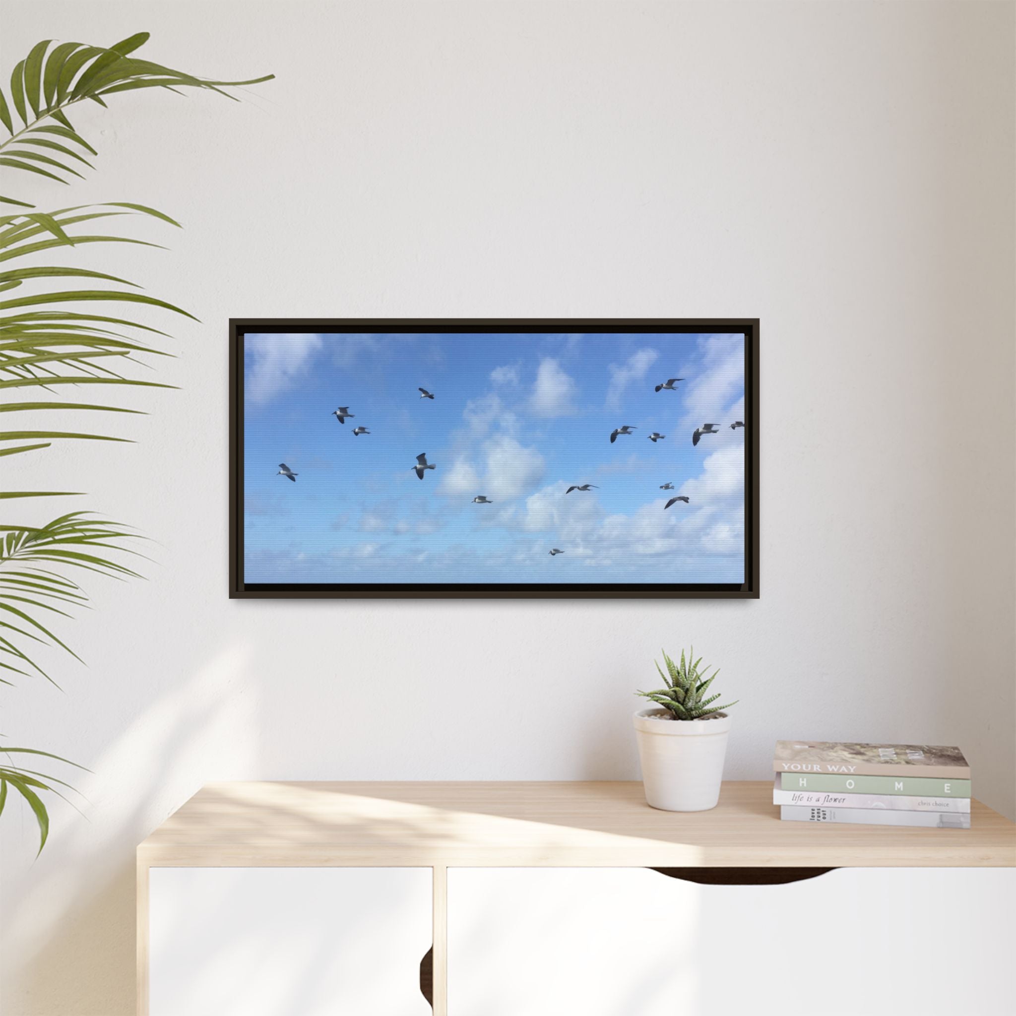 Framed Canvas Print — Gulls Flying Over Sky